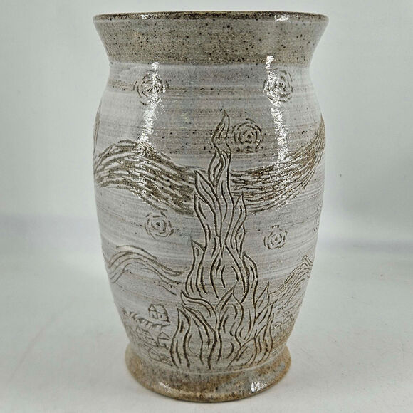 Hand made artist signed pottery folk art style vase fire smoke village scene